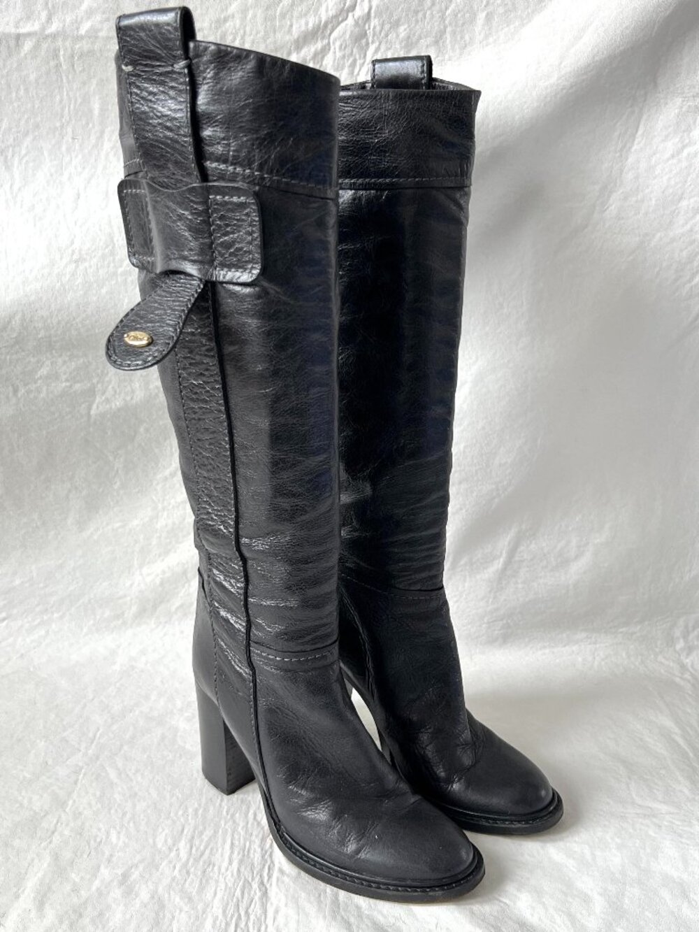 Chloe boots knee high block heeled black leather 36.5 6.5 pull on tall Isetta